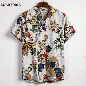 Summer Man Shirt Mens Ethnic Printed Stand Collar Cotton Linen Stripe Short Sleeve Loose Hawaiian Henley Shirt hawaiian shirt