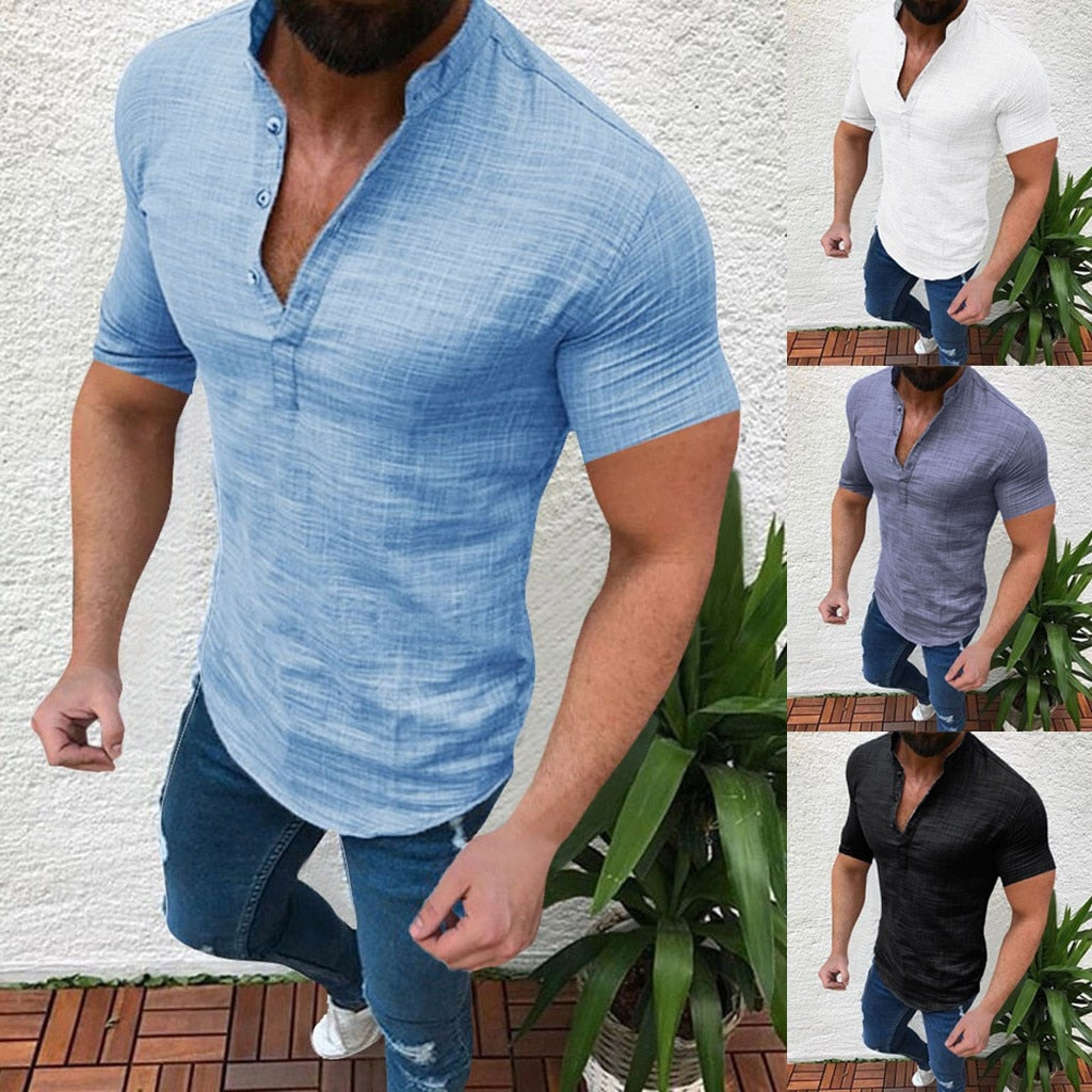 Men shirt Summer Casual Blouse Cotton Linen shirt Loose Tops Short Sleeve Tee Shirt