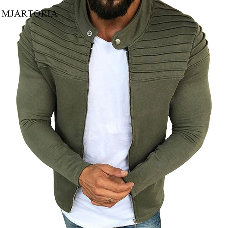 Casual Men's jacket Raglan Zipper Hoodies Jacket Autumn Spring Male Slim Pleated Sweatshirts Long Sleeve Outerwear Tops