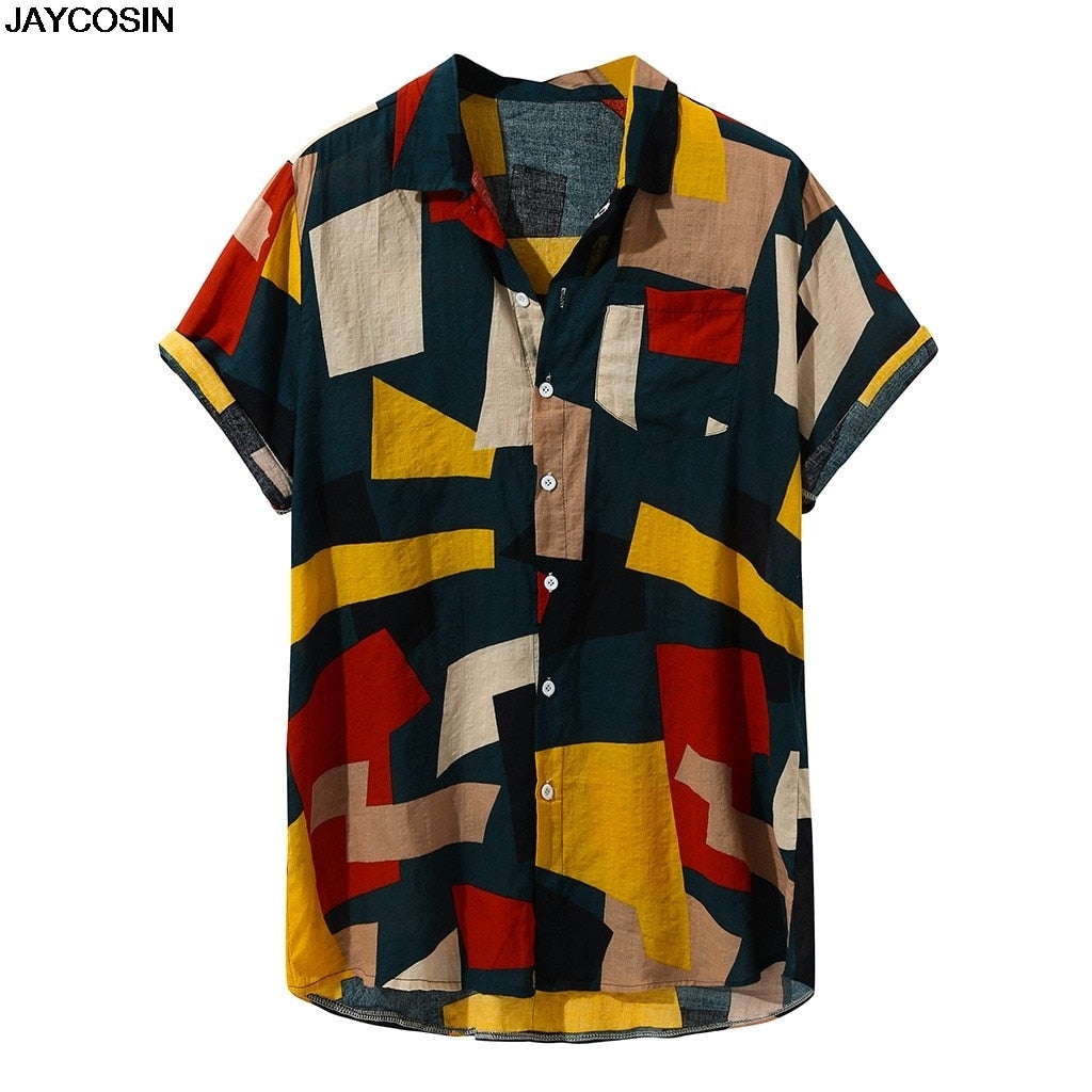 KLV 2019 New Stylish Hot Sale Mens Vintage Ethnic Printed Turn Down Collar Short Sleeve Loose Shirt Camicia da uomo caldo 9814