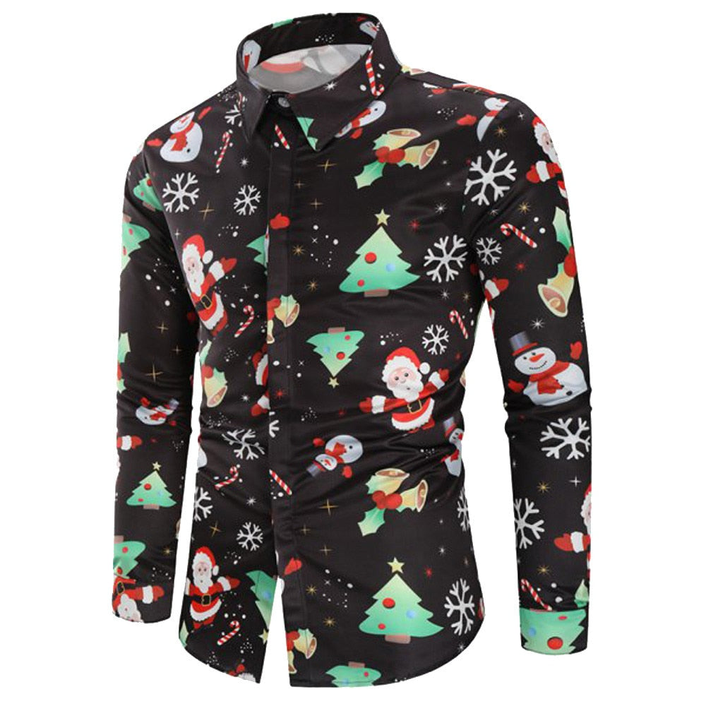 camisa masculina Men Casual Snowflakes Santa Candy Printed Christmas Shirt Top Blouse