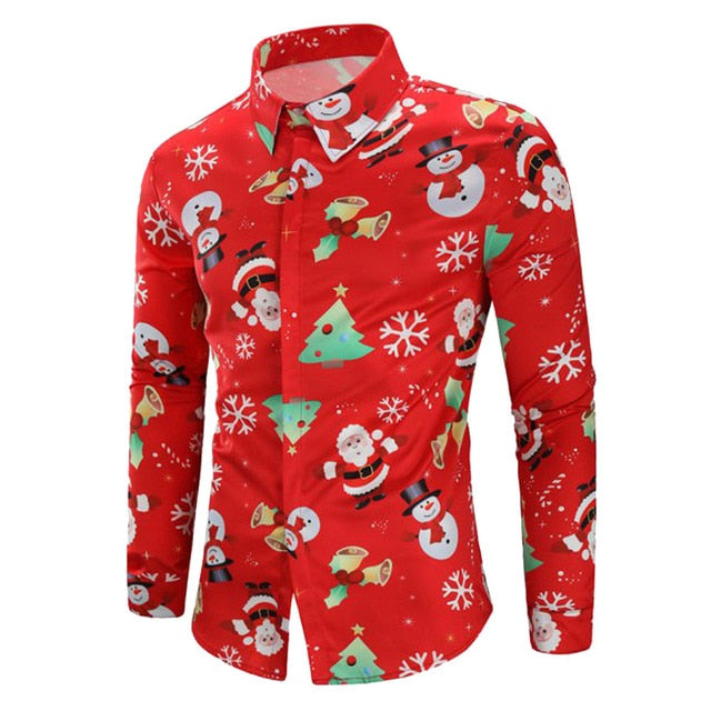 camisa masculina Men Casual Snowflakes Santa Candy Printed Christmas Shirt Top Blouse