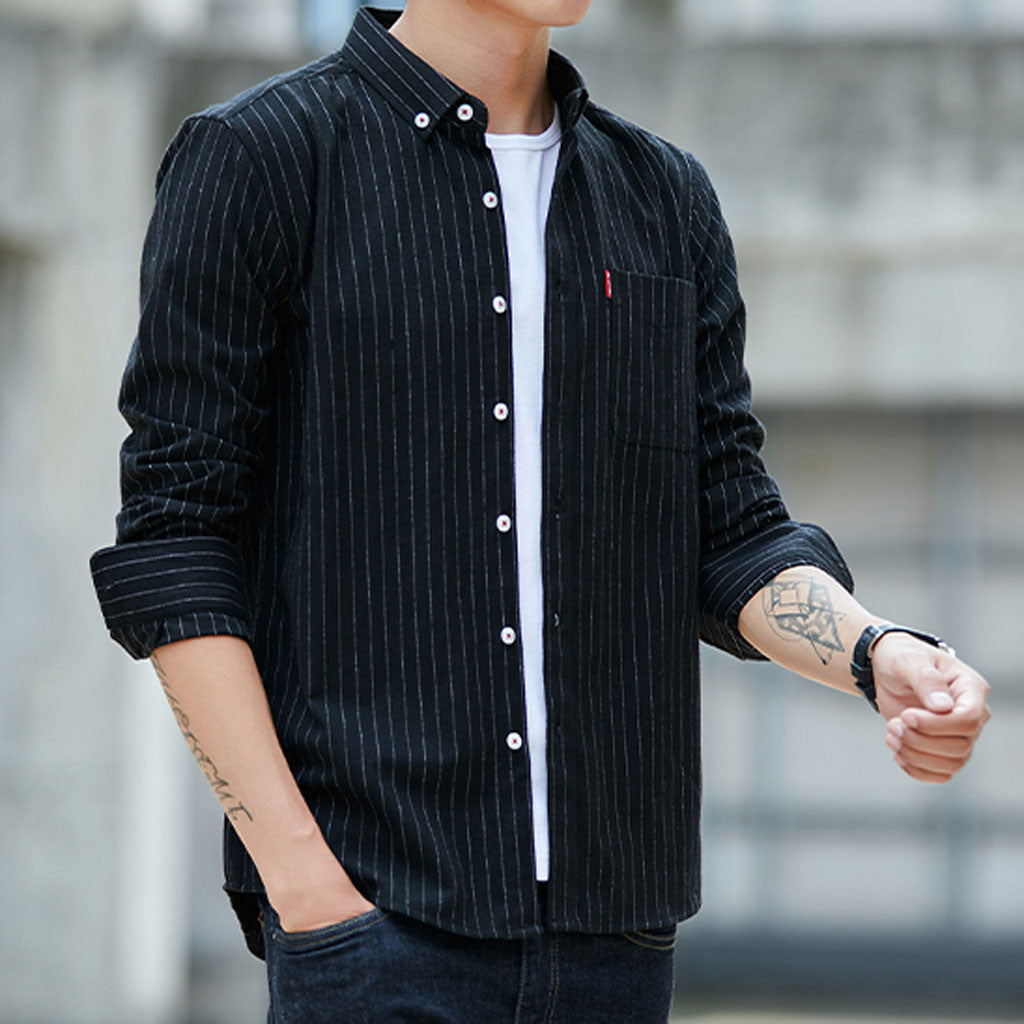 Loose Black Stripes Black Long Sleeve Shirt Men's Fashionable Shirt Casual Lapel For Men's Clothing Tops Blouse 2019