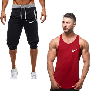 2019  new Cotton vest+Cotton Shorts Sets Men Printed Summer  Casual vest men Tracksuits Brand Clothing Tops Fitness vest Male