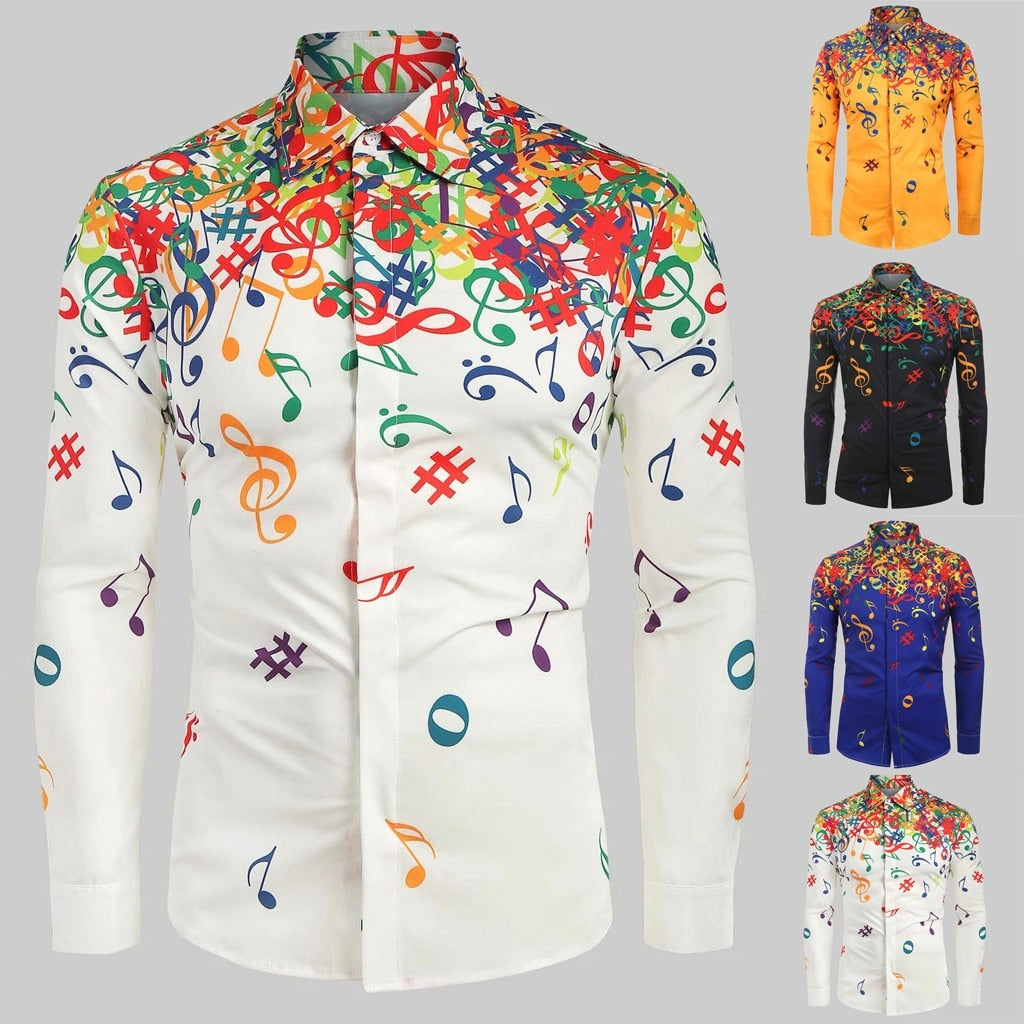 Novelty Blouse 2019 Men Casual Musical Note Pattern Casual Long Sleeves Artistic Shirt Top Dropshipping 20 Camisa de los hombres