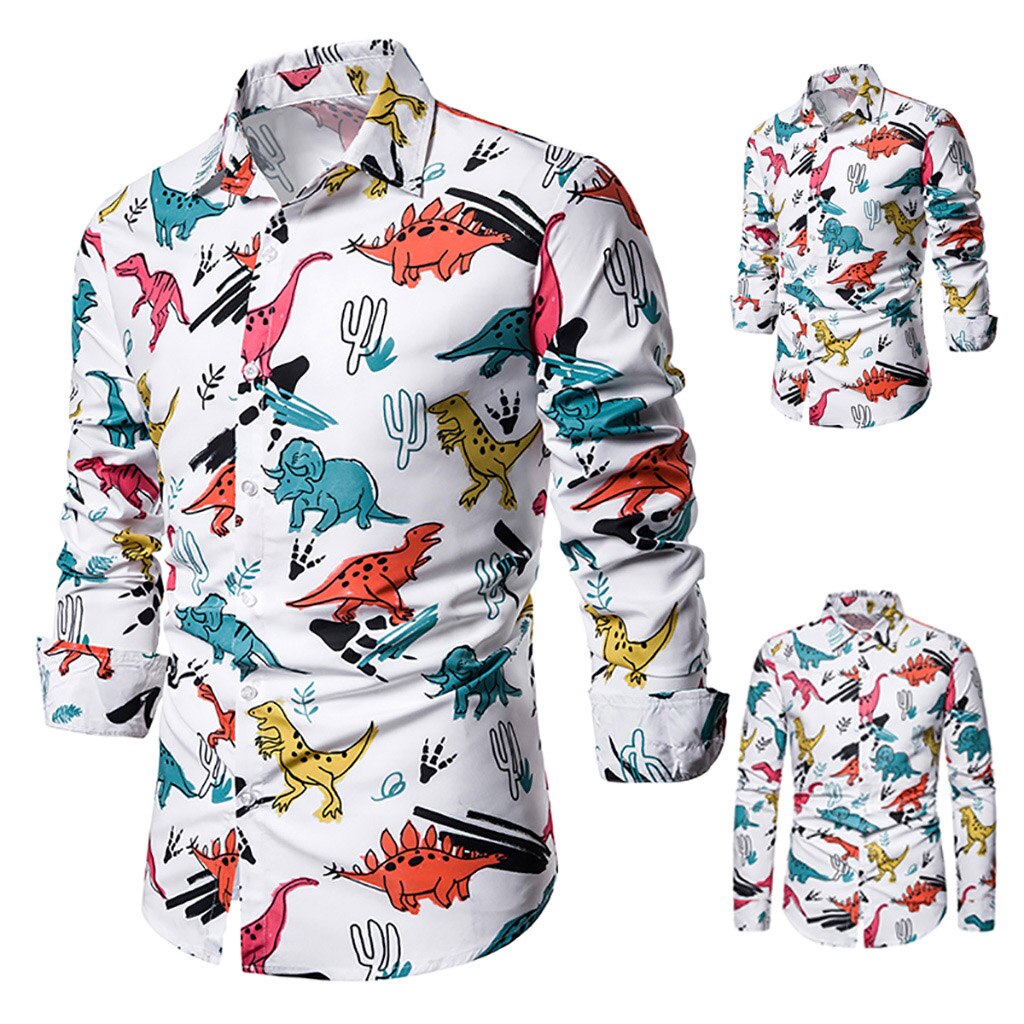 HEFLASHOR Casual Cartoon Dinosaur Printed Shirts Men Tops Long Sleeve Turn-down Collar Harajuku Shirt Autumn Camisas Masculina