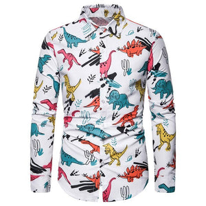 HEFLASHOR Casual Cartoon Dinosaur Printed Shirts Men Tops Long Sleeve Turn-down Collar Harajuku Shirt Autumn Camisas Masculina