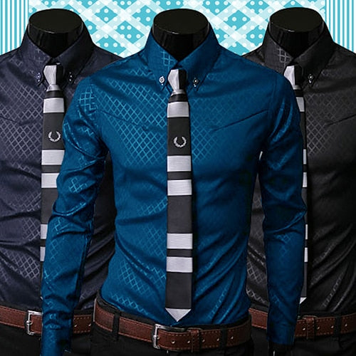 Fashion Men Argyle Luxury Business Style Slim Fit Long Sleeve Casual Dress Shirt