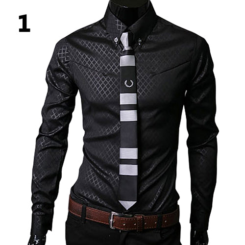 Fashion Men Argyle Luxury Business Style Slim Fit Long Sleeve Casual Dress Shirt