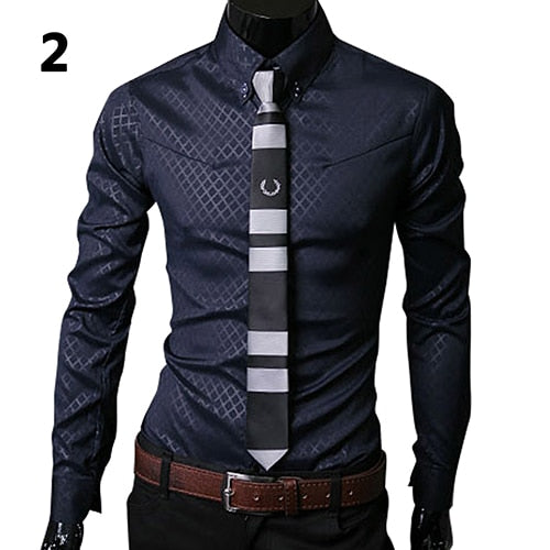 Fashion Men Argyle Luxury Business Style Slim Fit Long Sleeve Casual Dress Shirt