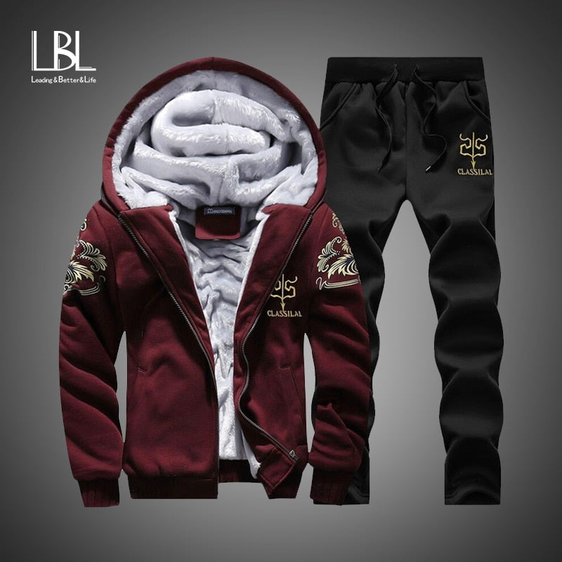 Winter Inner Fleece Hoodies Men 2018 Casual Hooded Warm Sweatshirts Male Thicken Tracksuit 2PC Jacket+Pant Men Moleton Masculino